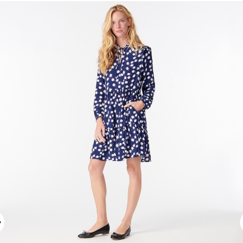 J. Crew Tie Neck Tiered Midi Dress in Scattered Peony Print, Size XS